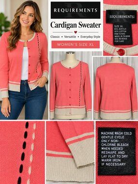 Requirements Women’s XL Coral Pink Cardigan Sweater Contrast Trim Button Front